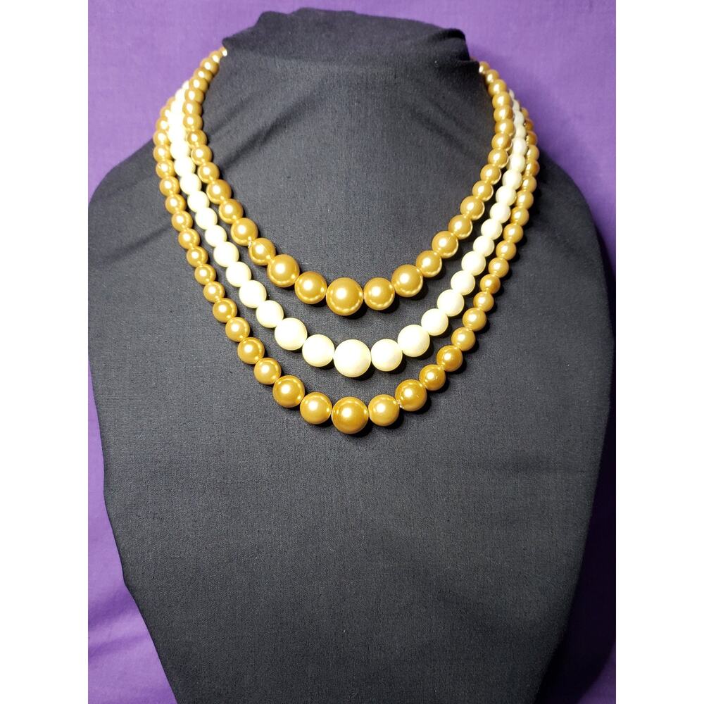 Vintage Three Strand Faux Pearl Necklace, Golden Champagne and Matte Cream Color